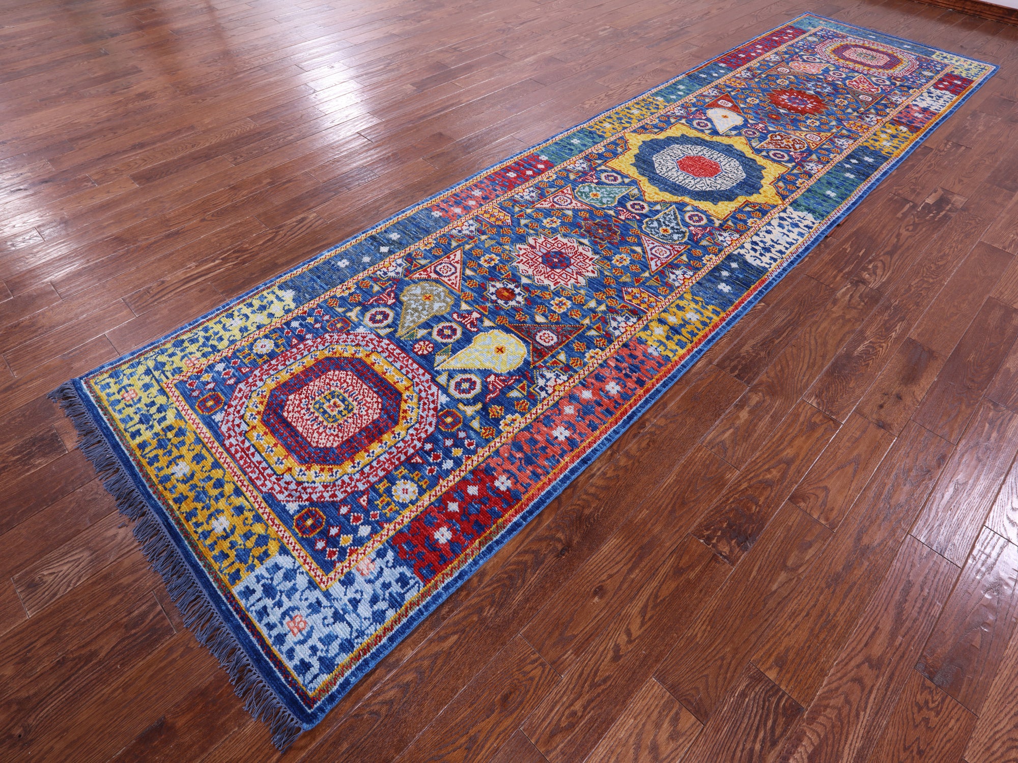 Blue Geometric Persian Mamluk Handmade Wool Runner Rug - 4' 0" X 15' 3" - Golden Nile