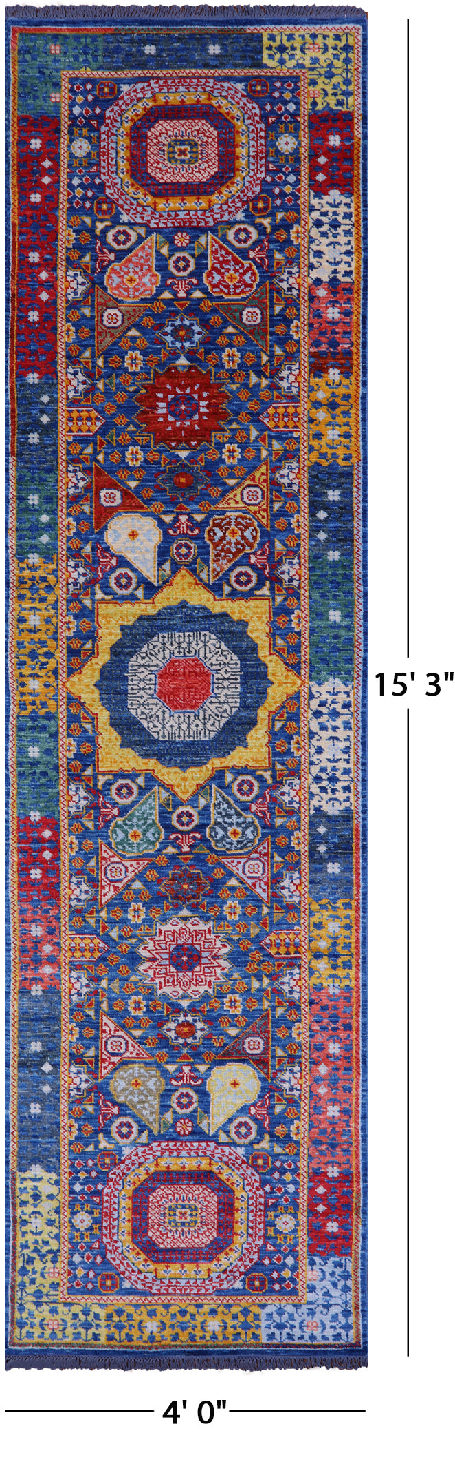 Blue Geometric Persian Mamluk Handmade Wool Runner Rug - 4' 0" X 15' 3" - Golden Nile