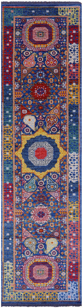 Blue Geometric Persian Mamluk Handmade Wool Runner Rug - 4' 0" X 15' 3" - Golden Nile