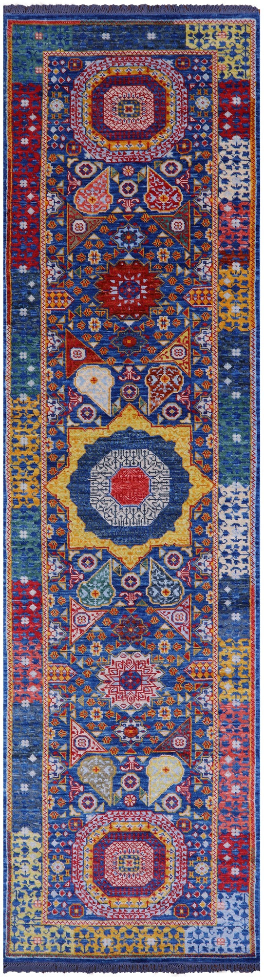 Blue Geometric Persian Mamluk Handmade Wool Runner Rug - 4' 0" X 15' 3" - Golden Nile