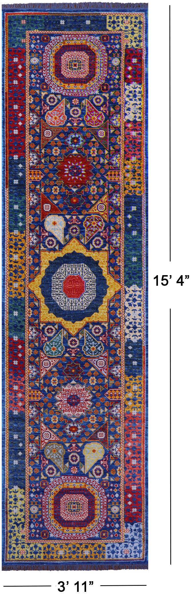 Blue Geometric Persian Mamluk Hand Knotted Wool Runner Rug - 3' 11" X 15' 4" - Golden Nile