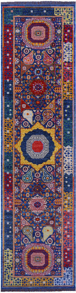 Blue Geometric Persian Mamluk Hand Knotted Wool Runner Rug - 3' 11" X 15' 4" - Golden Nile