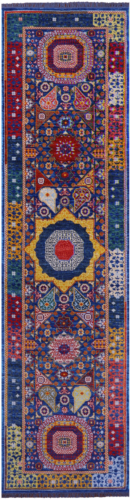 Blue Geometric Persian Mamluk Hand Knotted Wool Runner Rug - 3' 11" X 15' 4" - Golden Nile