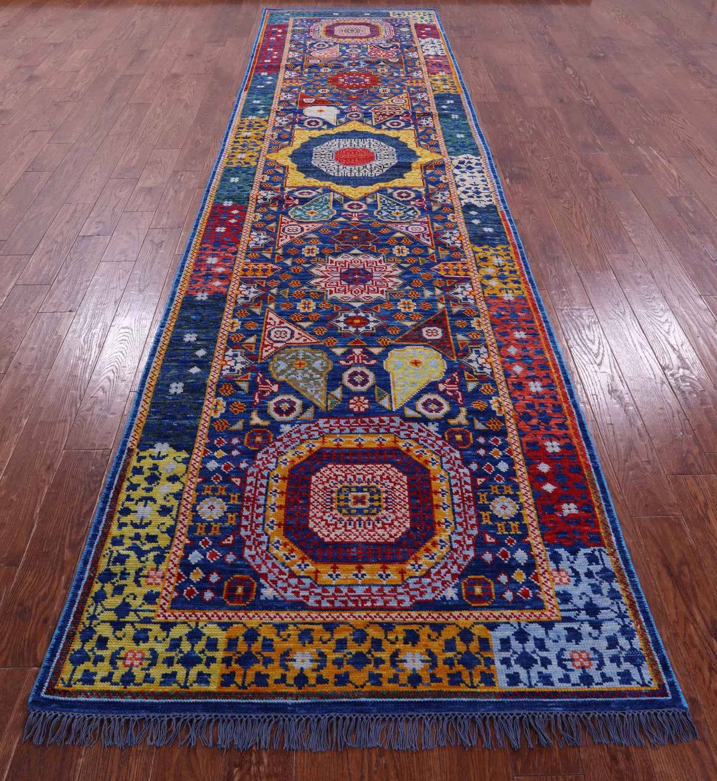Blue Geometric Persian Mamluk Hand Knotted Wool Runner Rug - 3' 11" X 15' 4" - Golden Nile