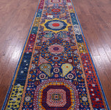 Blue Geometric Persian Mamluk Hand Knotted Wool Runner Rug - 3' 11" X 15' 4" - Golden Nile
