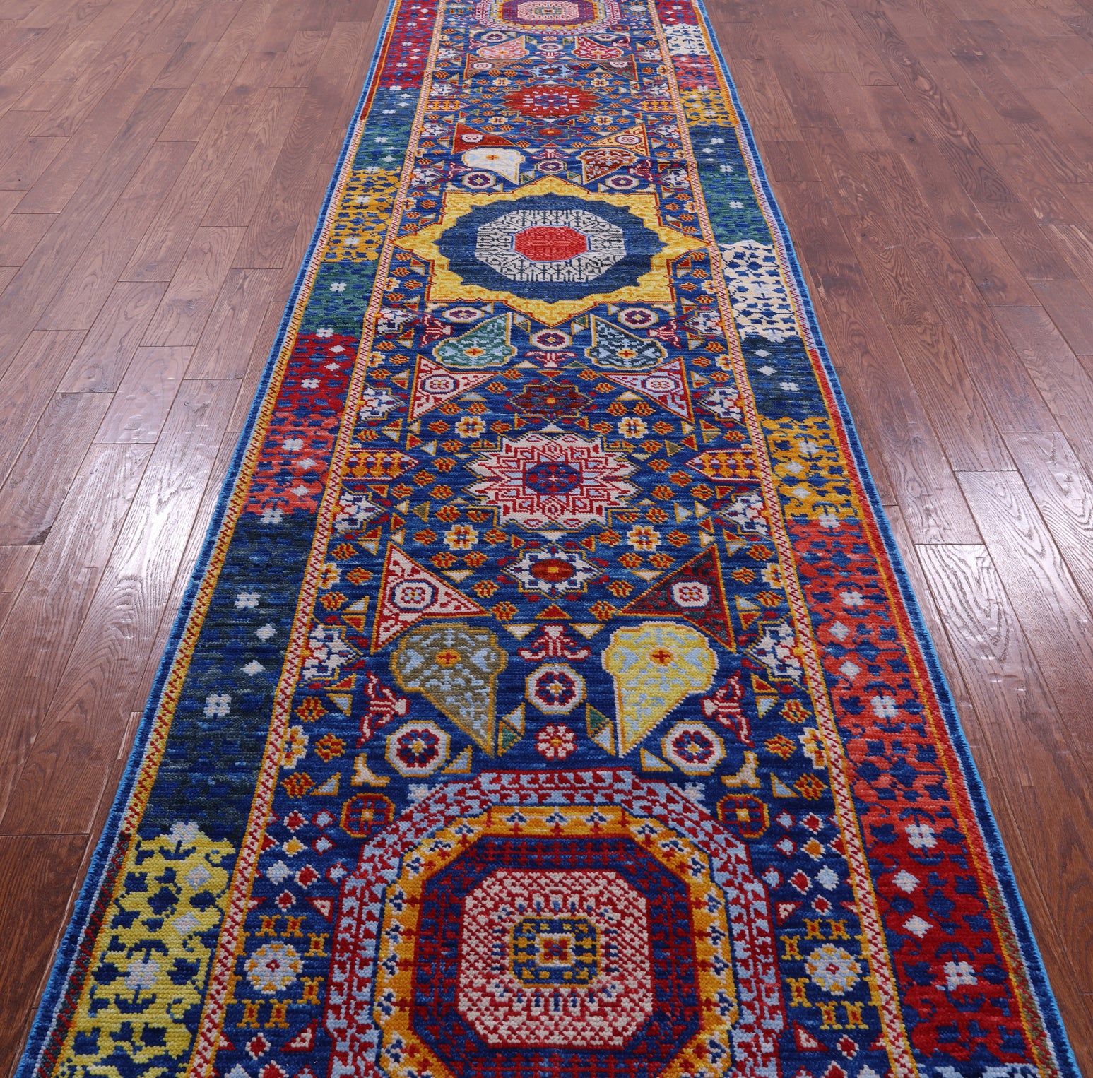 Blue Geometric Persian Mamluk Hand Knotted Wool Runner Rug - 3' 11" X 15' 4" - Golden Nile