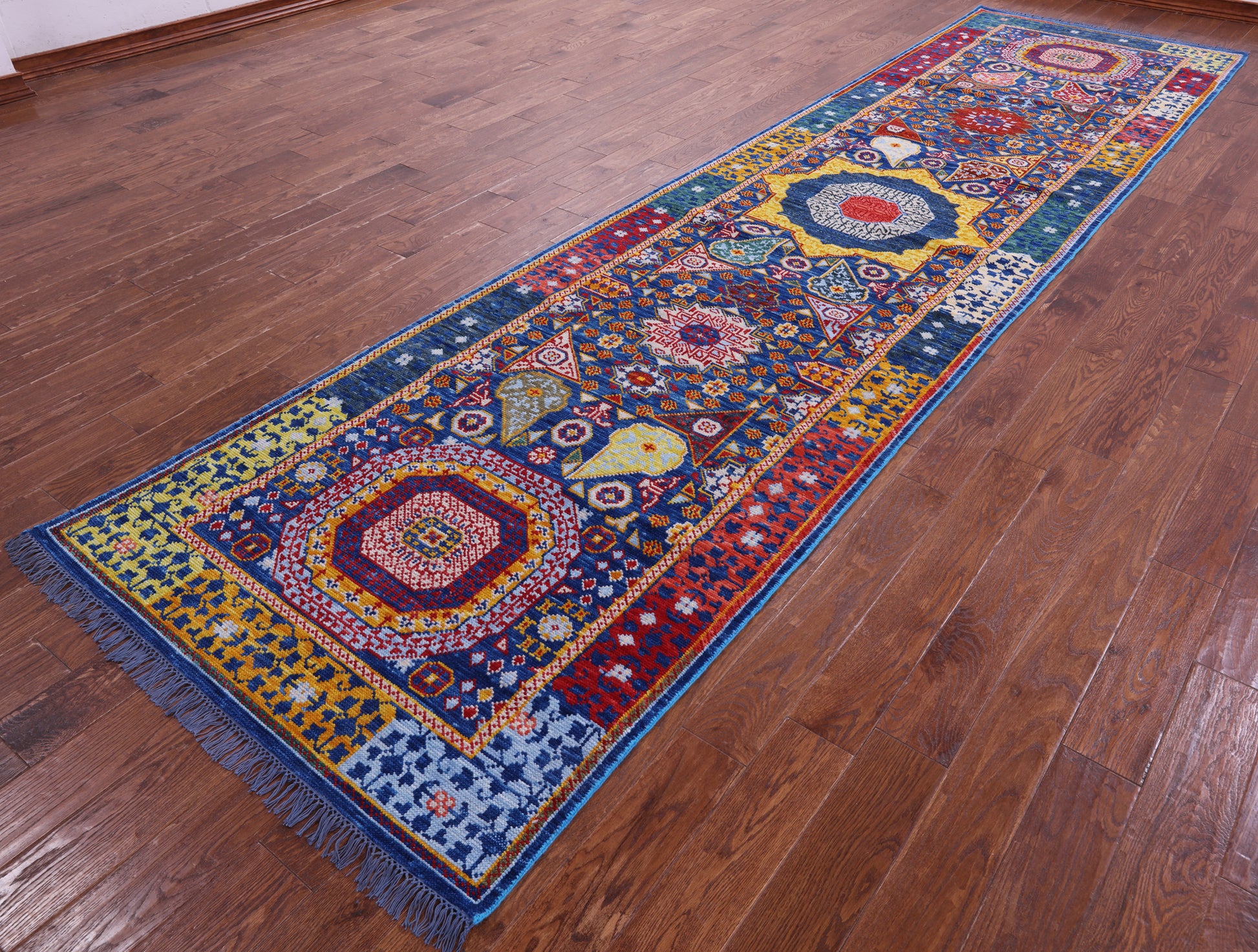 Blue Geometric Persian Mamluk Hand Knotted Wool Runner Rug - 3' 11" X 15' 4" - Golden Nile