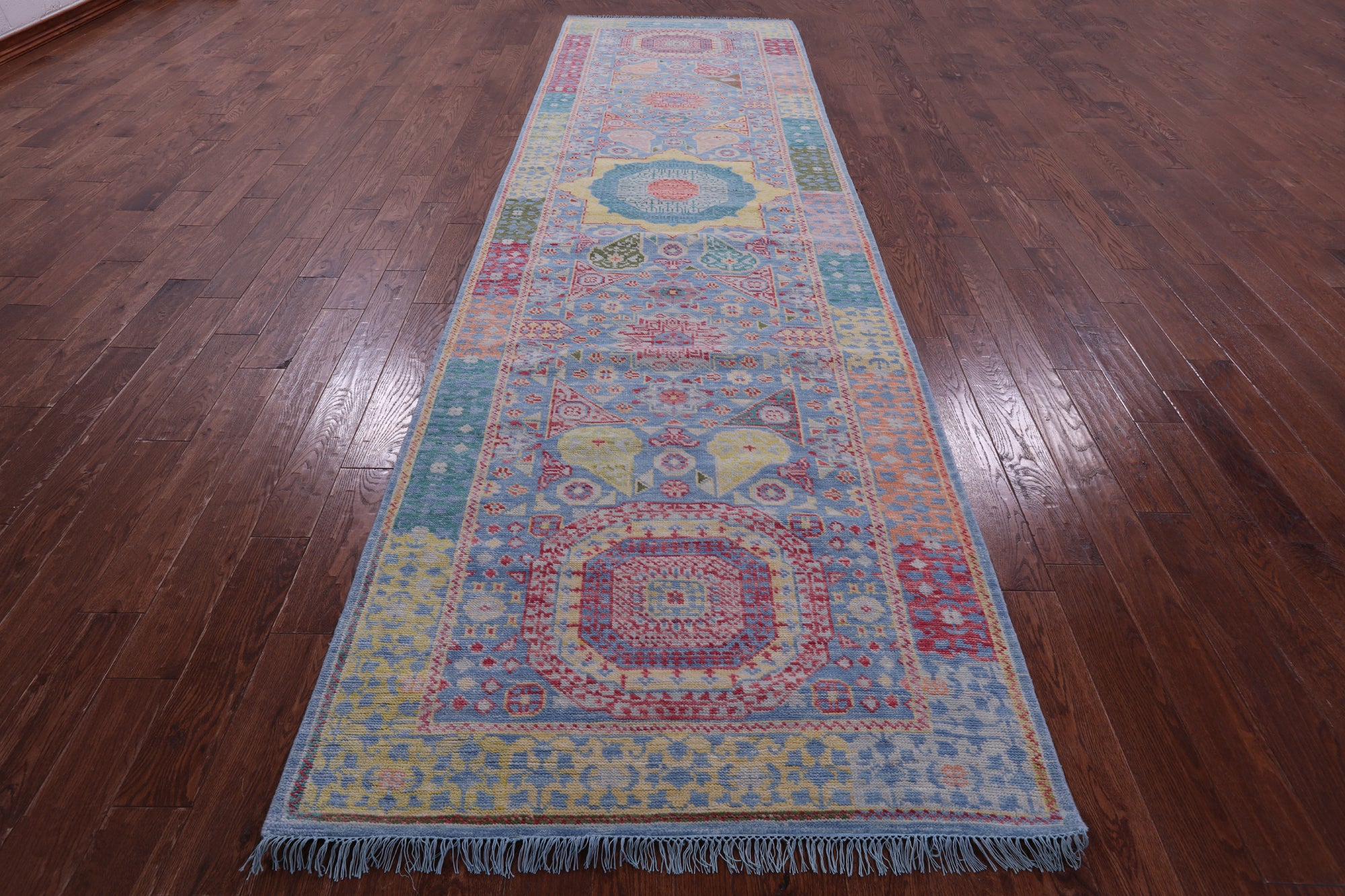 Blue Geometric Persian Mamluk Hand Knotted Wool Runner Rug - 4' 4" X 14' 11" - Golden Nile