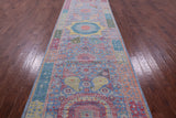 Blue Geometric Persian Mamluk Hand Knotted Wool Runner Rug - 4' 4" X 14' 11" - Golden Nile