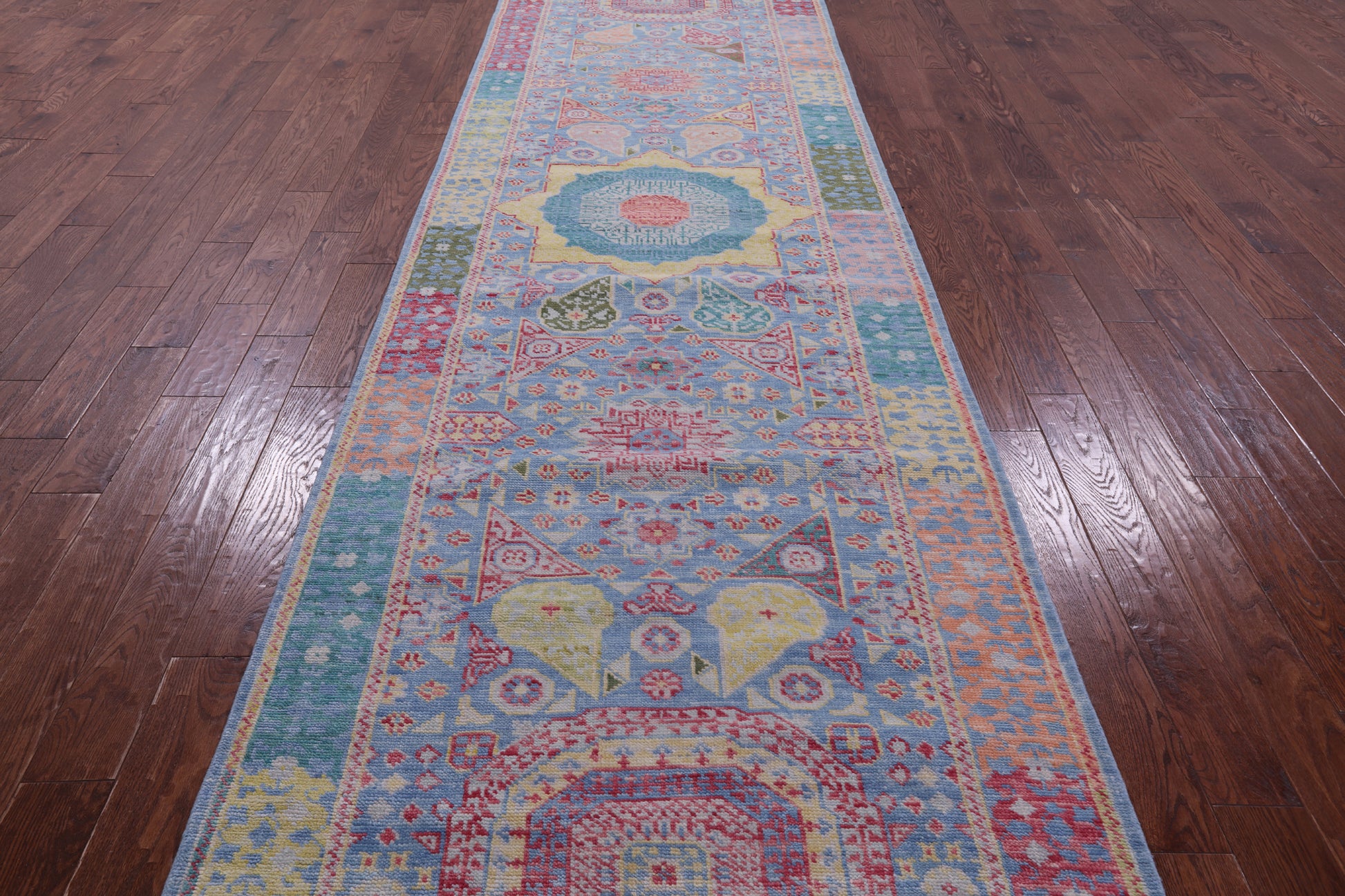 Blue Geometric Persian Mamluk Hand Knotted Wool Runner Rug - 4' 4" X 14' 11" - Golden Nile