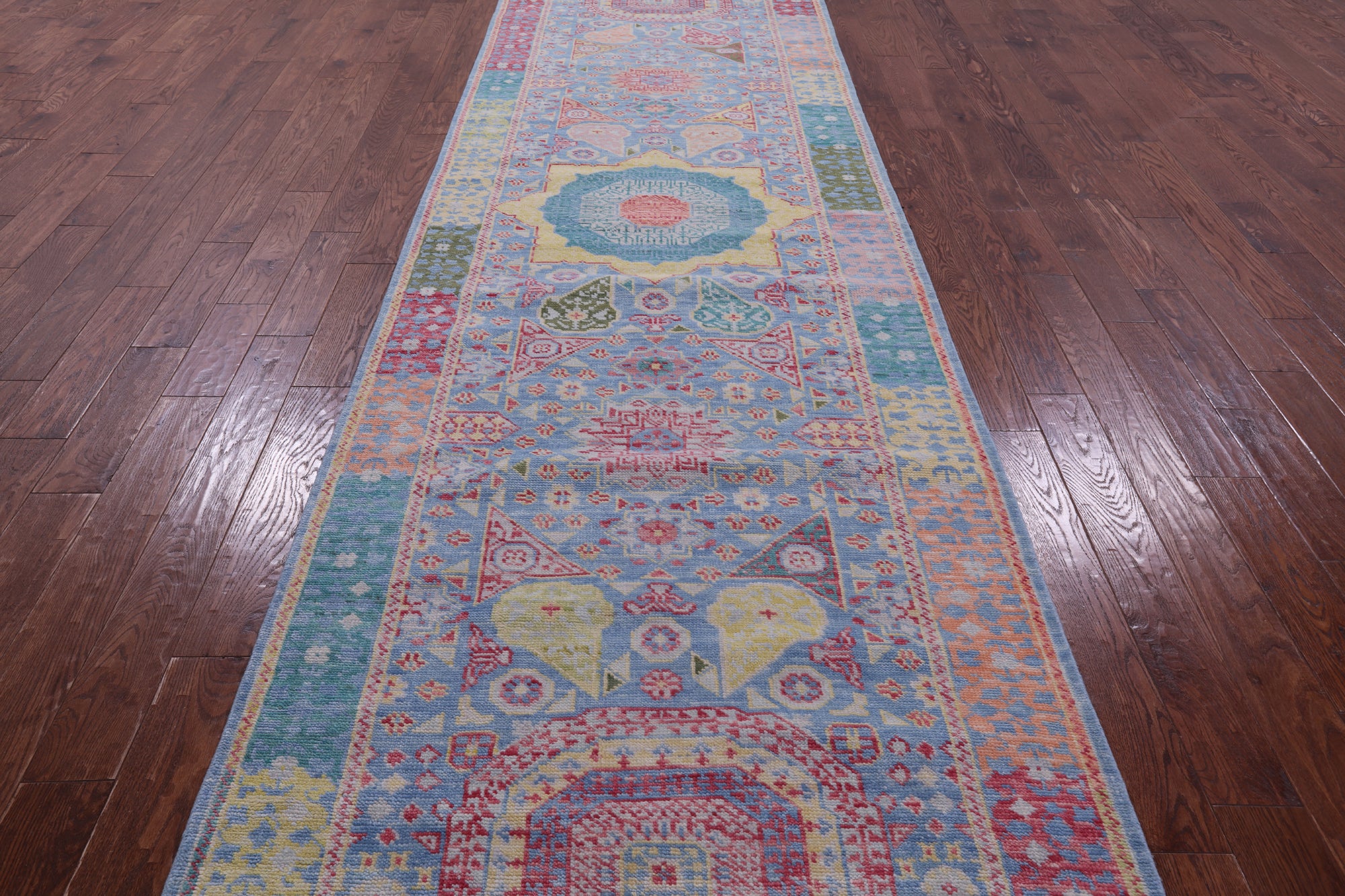 Blue Geometric Persian Mamluk Hand Knotted Wool Runner Rug - 4' 4" X 14' 11" - Golden Nile