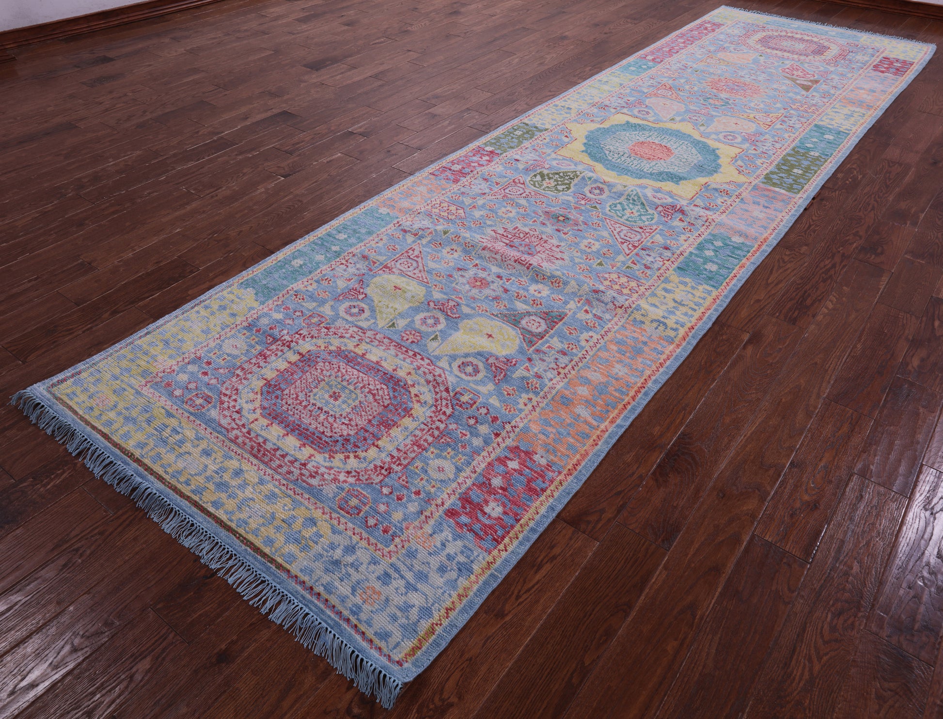 Blue Geometric Persian Mamluk Hand Knotted Wool Runner Rug - 4' 4" X 14' 11" - Golden Nile