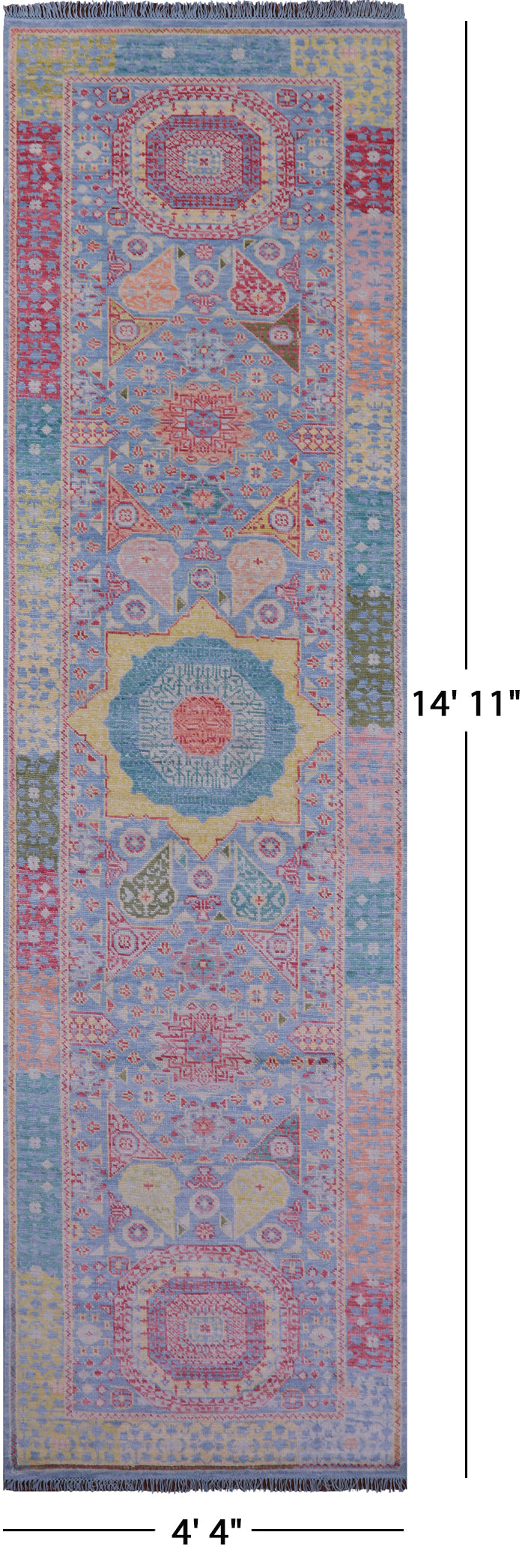 Blue Geometric Persian Mamluk Hand Knotted Wool Runner Rug - 4' 4" X 14' 11" - Golden Nile