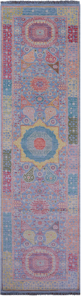 Blue Geometric Persian Mamluk Hand Knotted Wool Runner Rug - 4' 4" X 14' 11" - Golden Nile