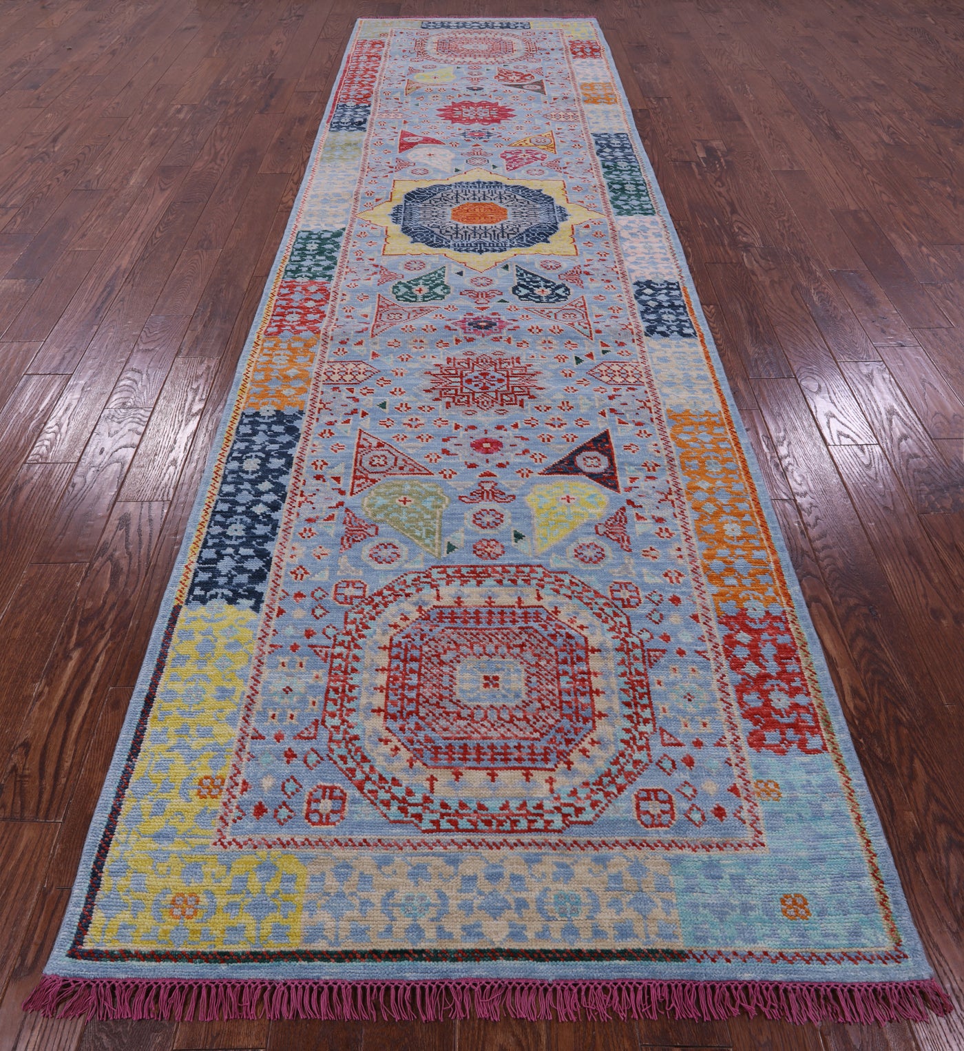 Blue Geometric Persian Mamluk Hand Knotted Wool Runner Rug - 4' 4" X 15' 3" - Golden Nile