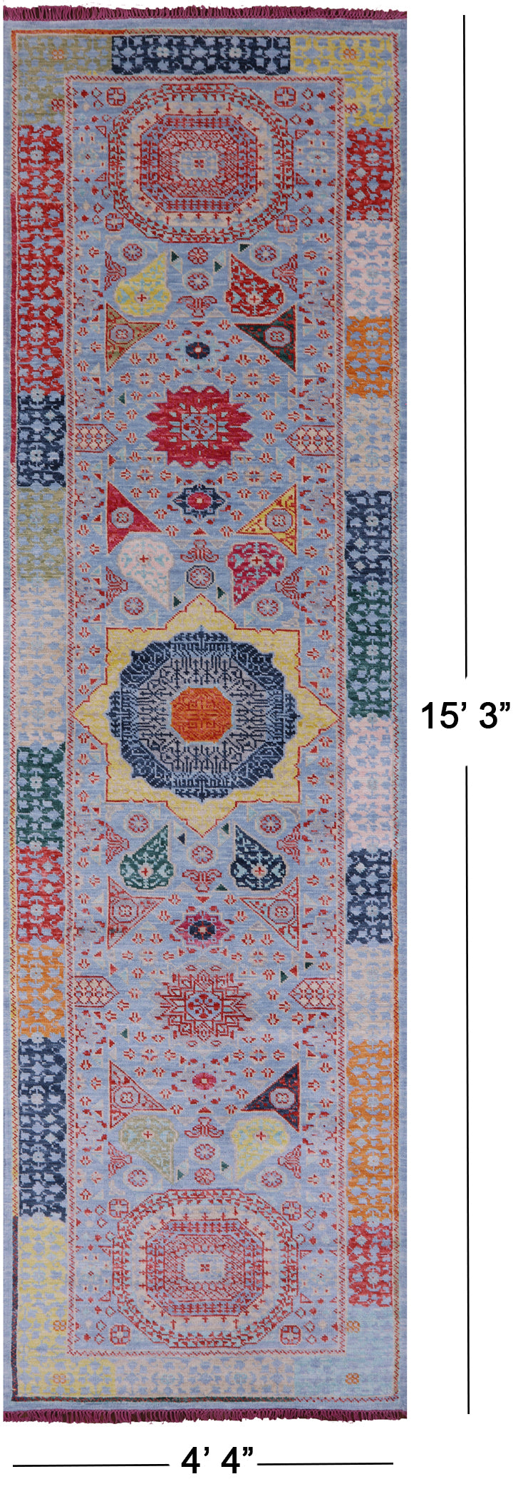 Blue Geometric Persian Mamluk Hand Knotted Wool Runner Rug - 4' 4" X 15' 3" - Golden Nile