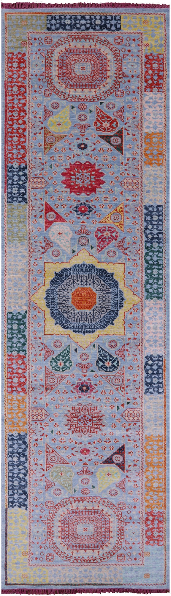 Blue Geometric Persian Mamluk Hand Knotted Wool Runner Rug - 4' 4" X 15' 3" - Golden Nile