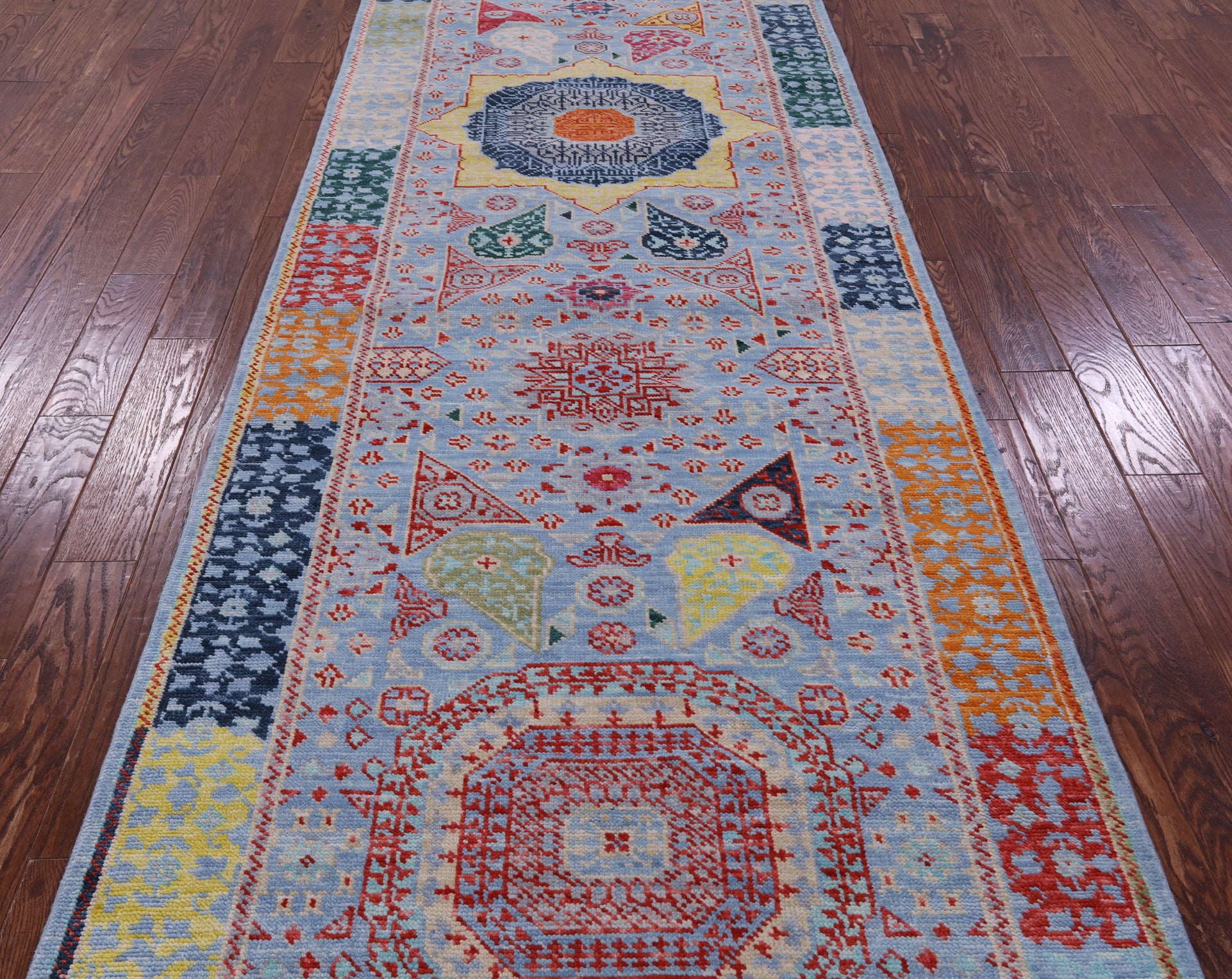 Blue Geometric Persian Mamluk Hand Knotted Wool Runner Rug - 4' 4" X 15' 3" - Golden Nile
