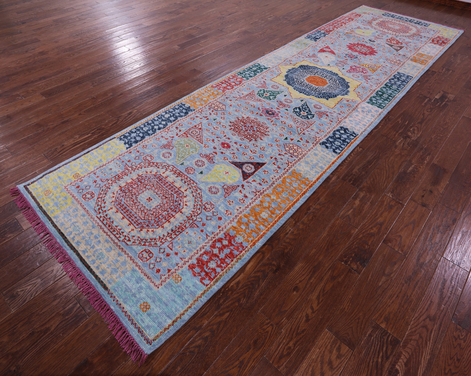 Blue Geometric Persian Mamluk Hand Knotted Wool Runner Rug - 4' 4" X 15' 3" - Golden Nile