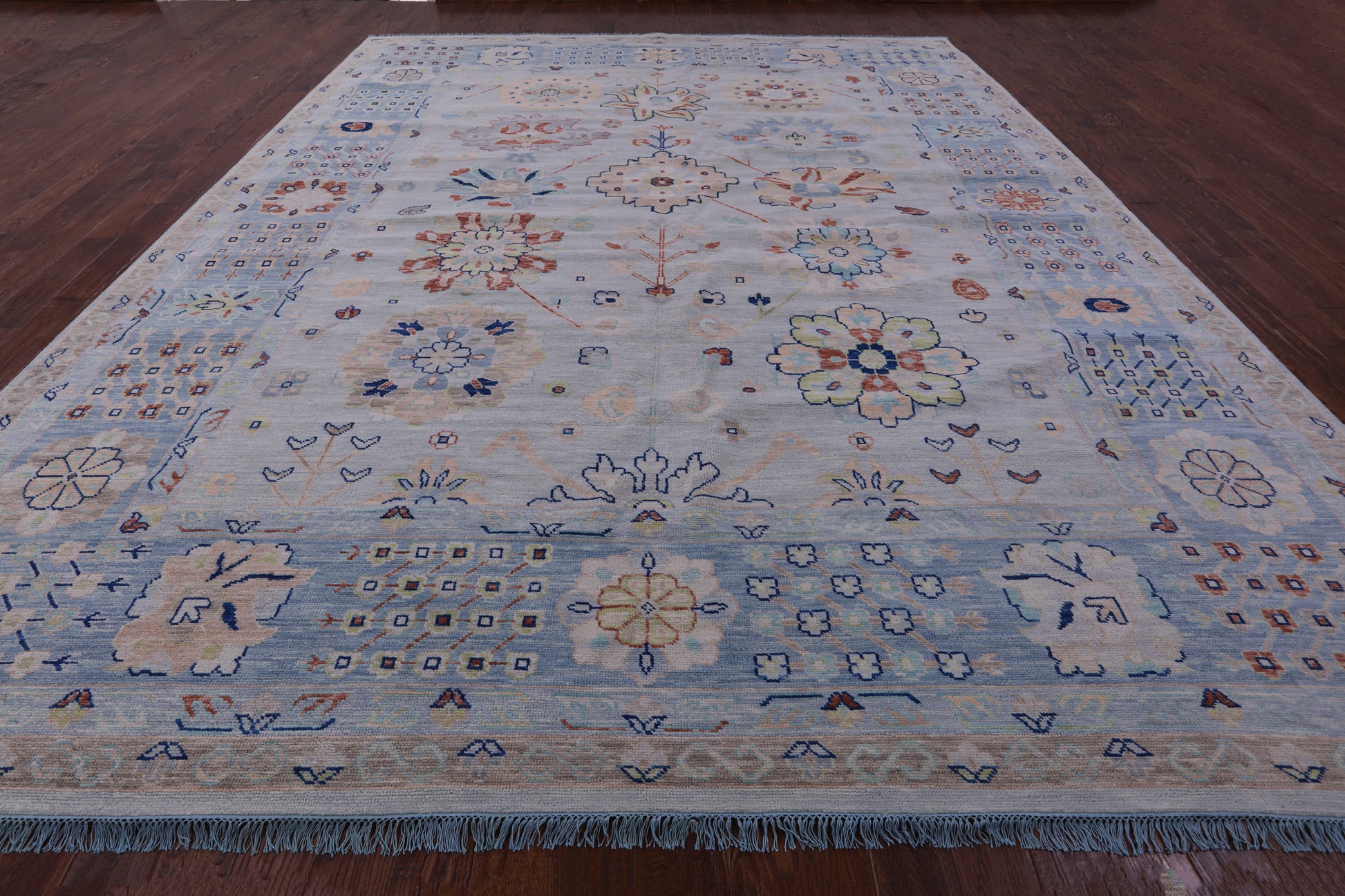 Light Blue Persian Heriz Serapi Handmade Wool Rug - 11' 11" X 14' 11" - Golden Nile