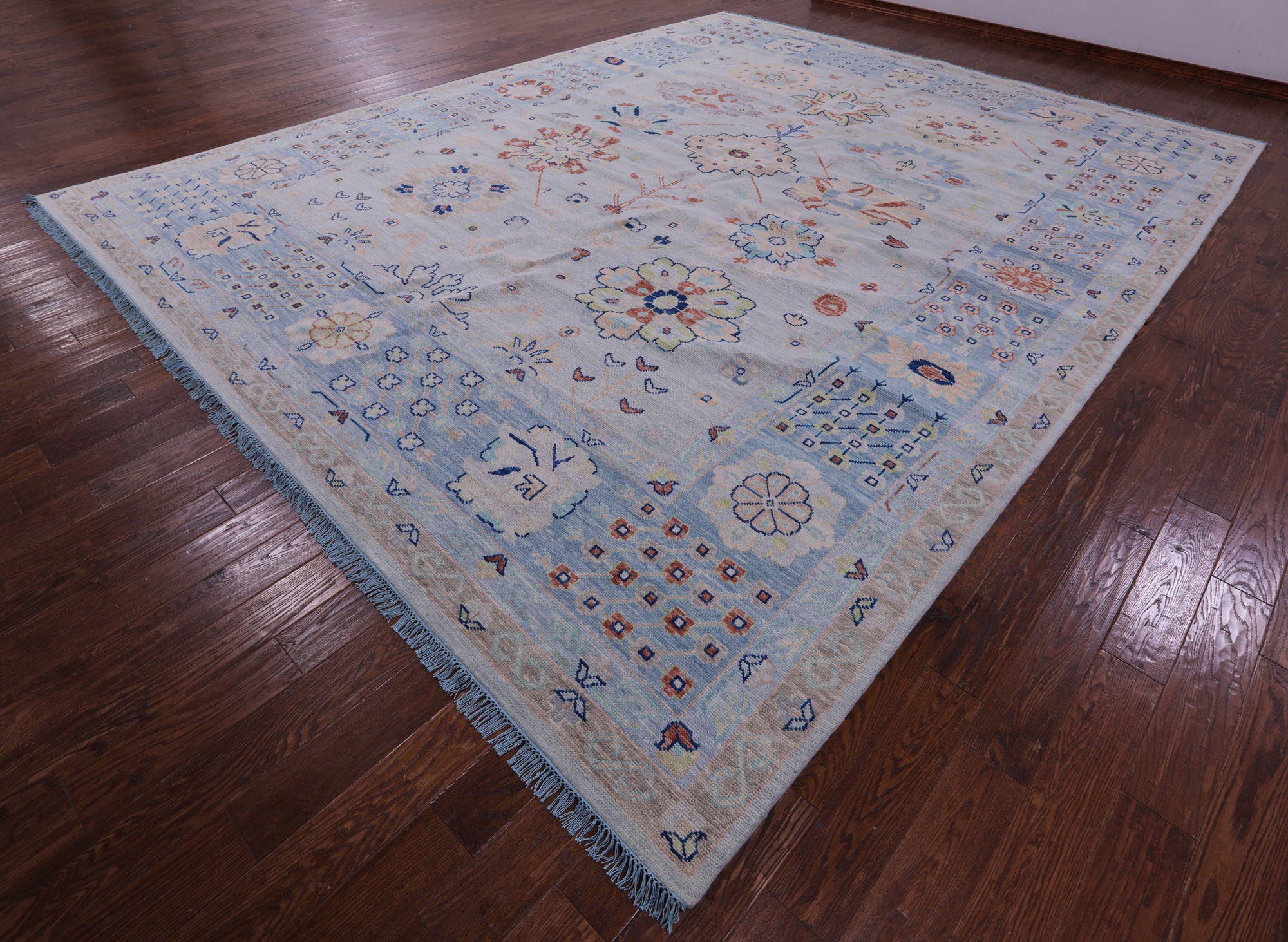 Light Blue Persian Heriz Serapi Handmade Wool Rug - 11' 11" X 14' 11" - Golden Nile