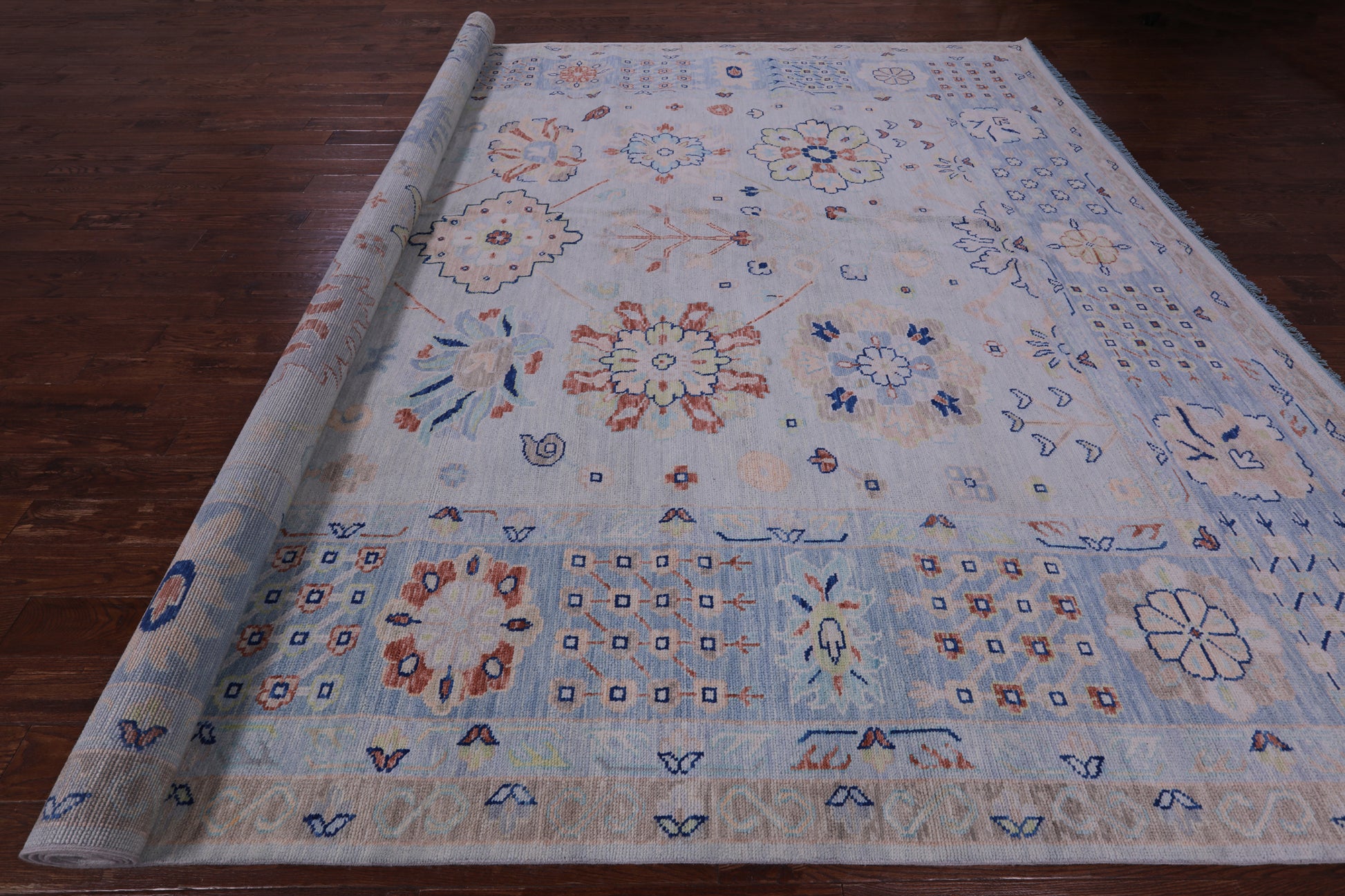 Light Blue Persian Heriz Serapi Handmade Wool Rug - 11' 11" X 14' 11" - Golden Nile