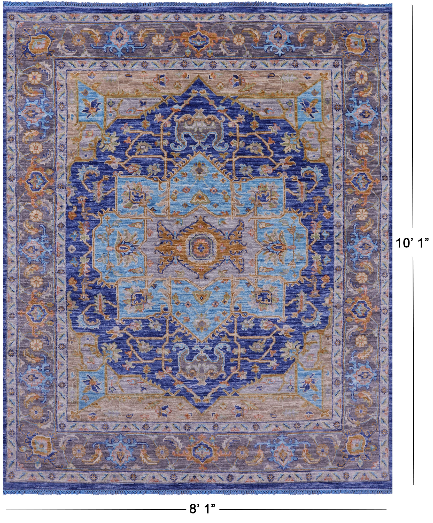 Blue Geometric Persian Heriz Serapi Handmade Wool Rug - 8' 1" X 10' 1" - Golden Nile