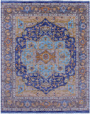 Blue Geometric Persian Heriz Serapi Handmade Wool Rug - 8' 1" X 10' 1" - Golden Nile