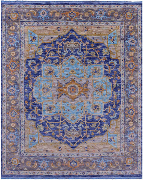 Blue Geometric Persian Heriz Serapi Handmade Wool Rug - 8' 1" X 10' 1" - Golden Nile