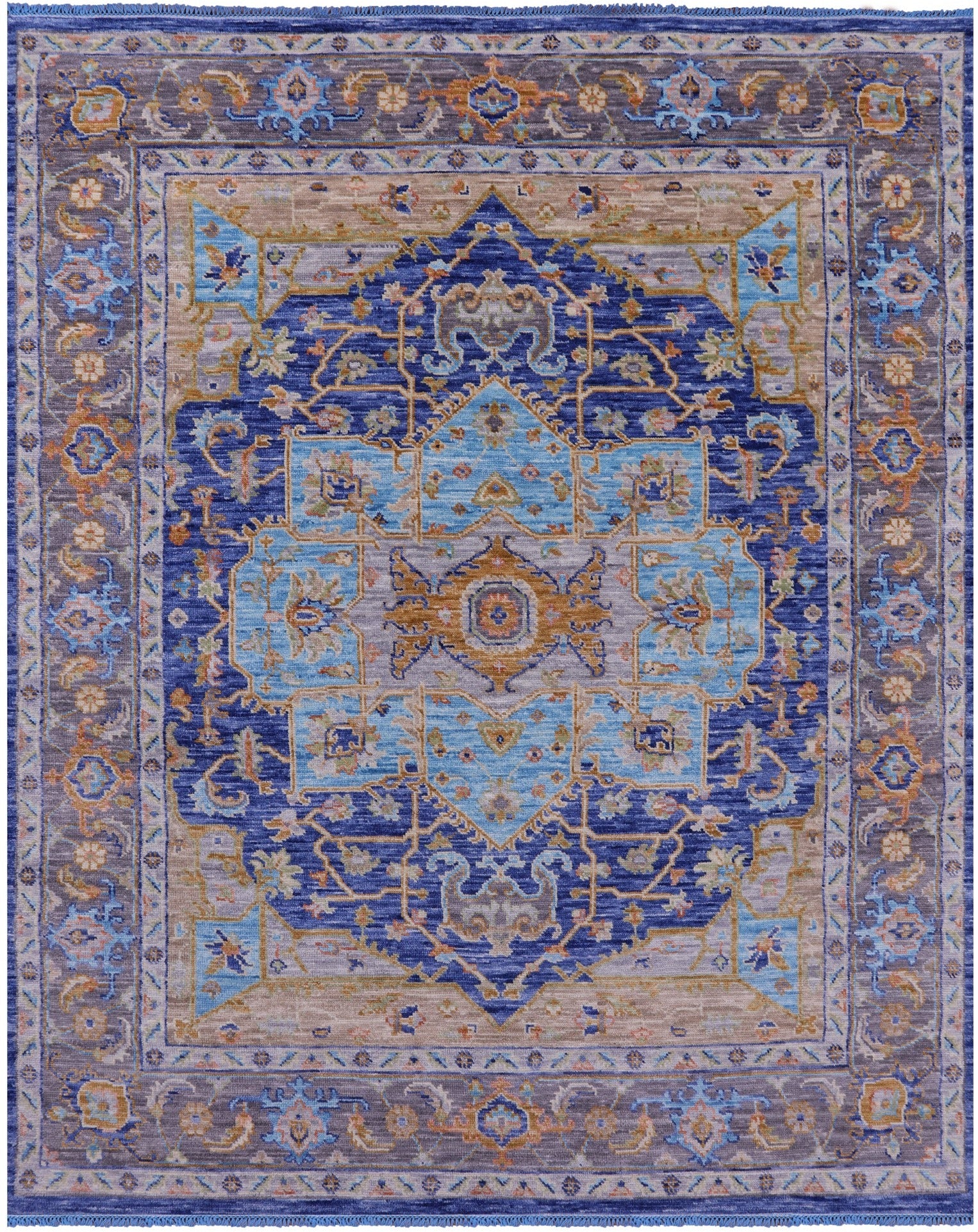 Blue Geometric Persian Heriz Serapi Handmade Wool Rug - 8' 1" X 10' 1" - Golden Nile