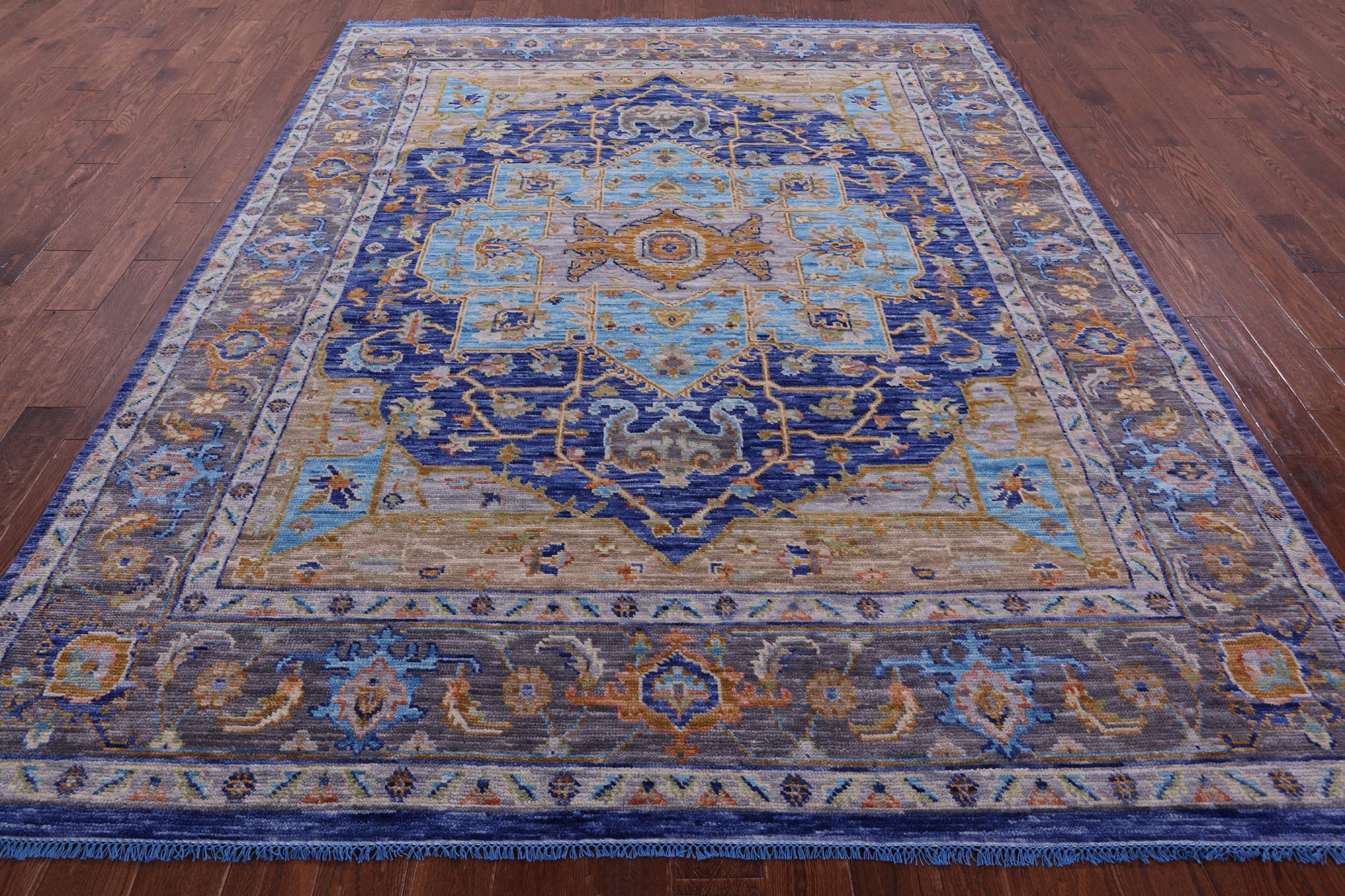 Blue Geometric Persian Heriz Serapi Handmade Wool Rug - 8' 1" X 10' 1" - Golden Nile