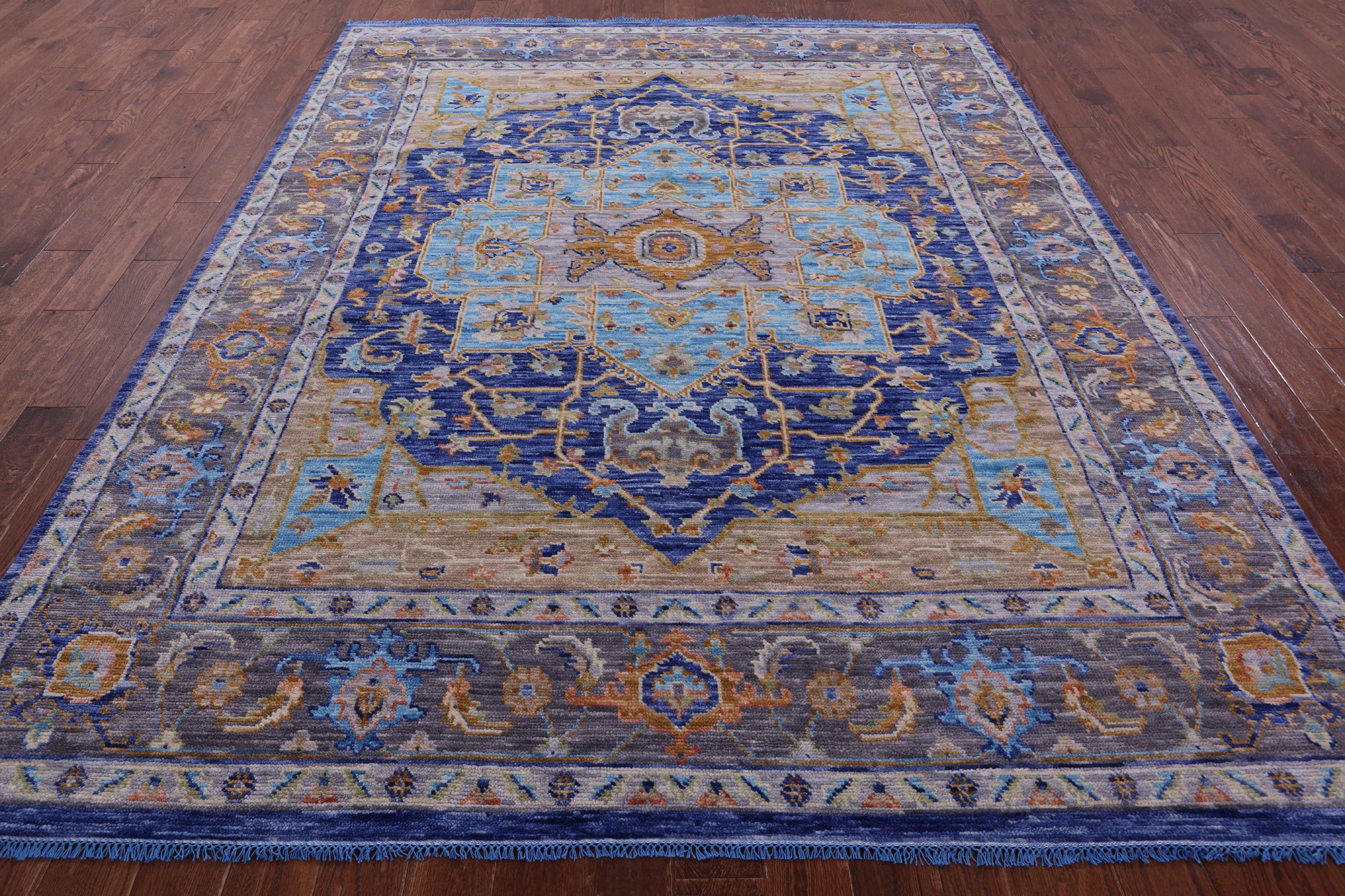 Blue Geometric Persian Heriz Serapi Handmade Wool Rug - 8' 1" X 10' 1" - Golden Nile