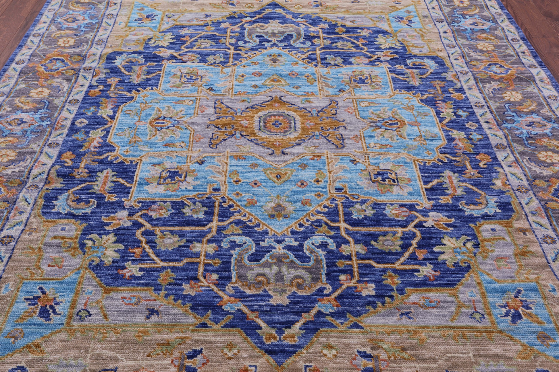 Blue Geometric Persian Heriz Serapi Handmade Wool Rug - 8' 1" X 10' 1" - Golden Nile