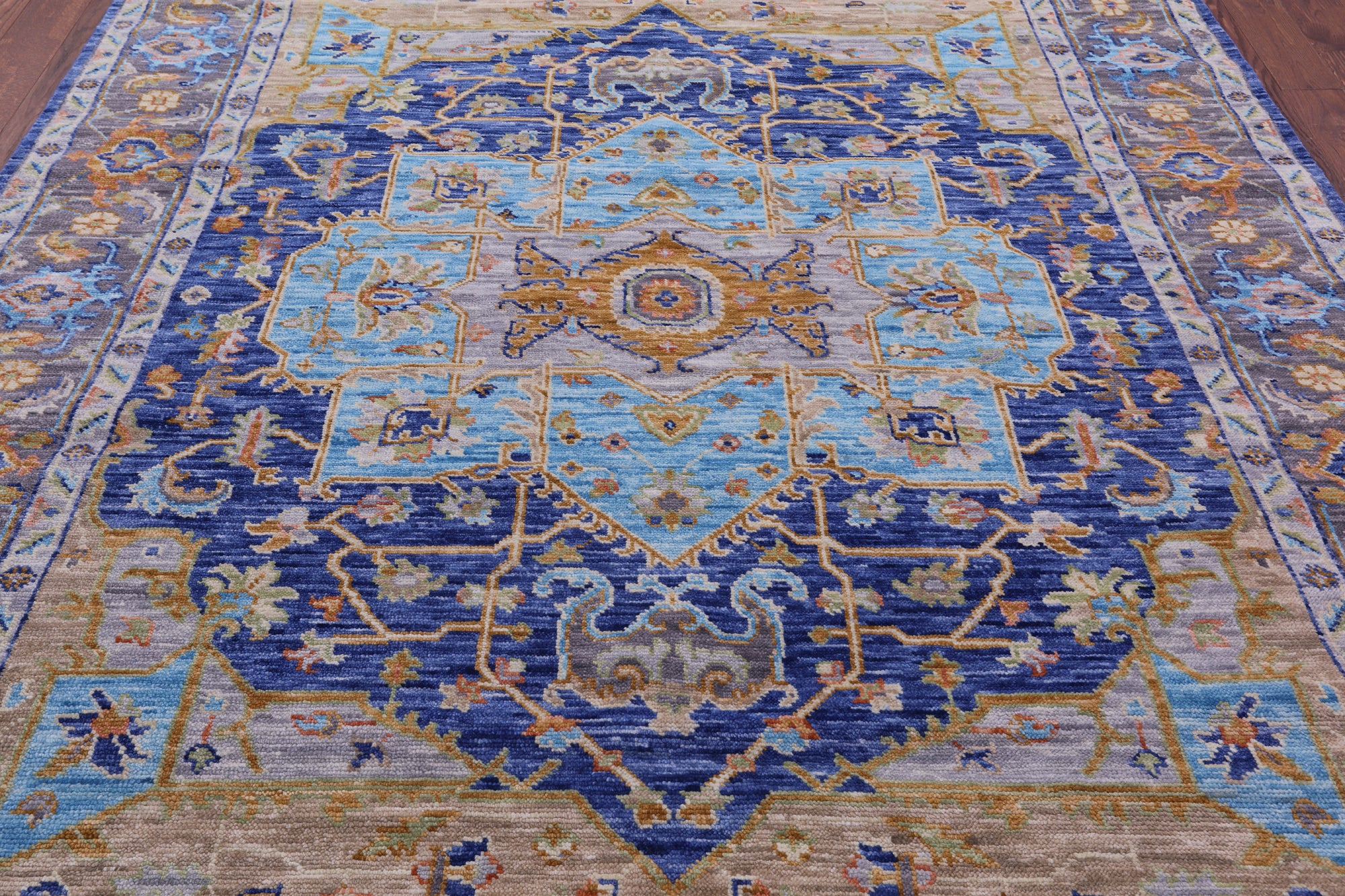 Blue Geometric Persian Heriz Serapi Handmade Wool Rug - 8' 1" X 10' 1" - Golden Nile