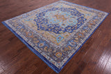 Blue Geometric Persian Heriz Serapi Handmade Wool Rug - 8' 1" X 10' 1" - Golden Nile