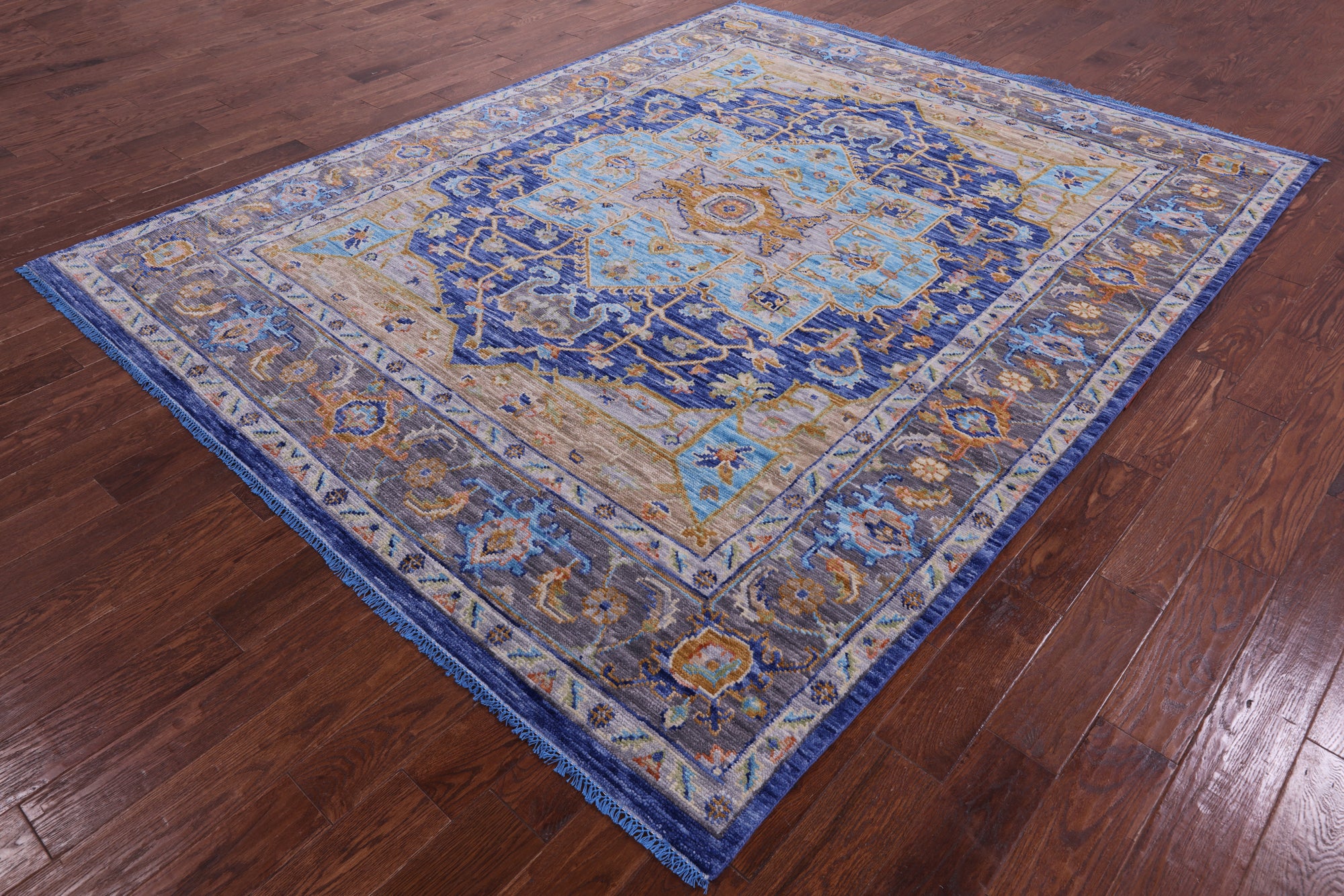 Blue Geometric Persian Heriz Serapi Handmade Wool Rug - 8' 1" X 10' 1" - Golden Nile