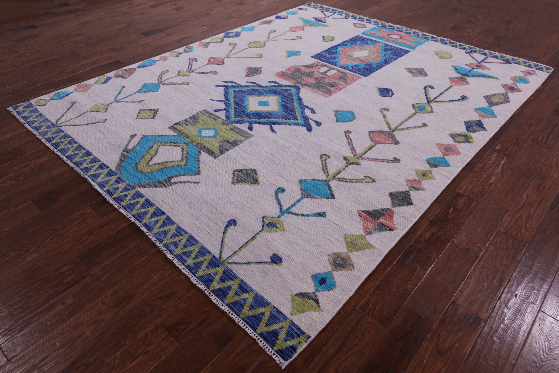 Ivory Tribal Moroccan Hand Knotted Wool Rug - 8' 0" X 10' 2" - Golden Nile