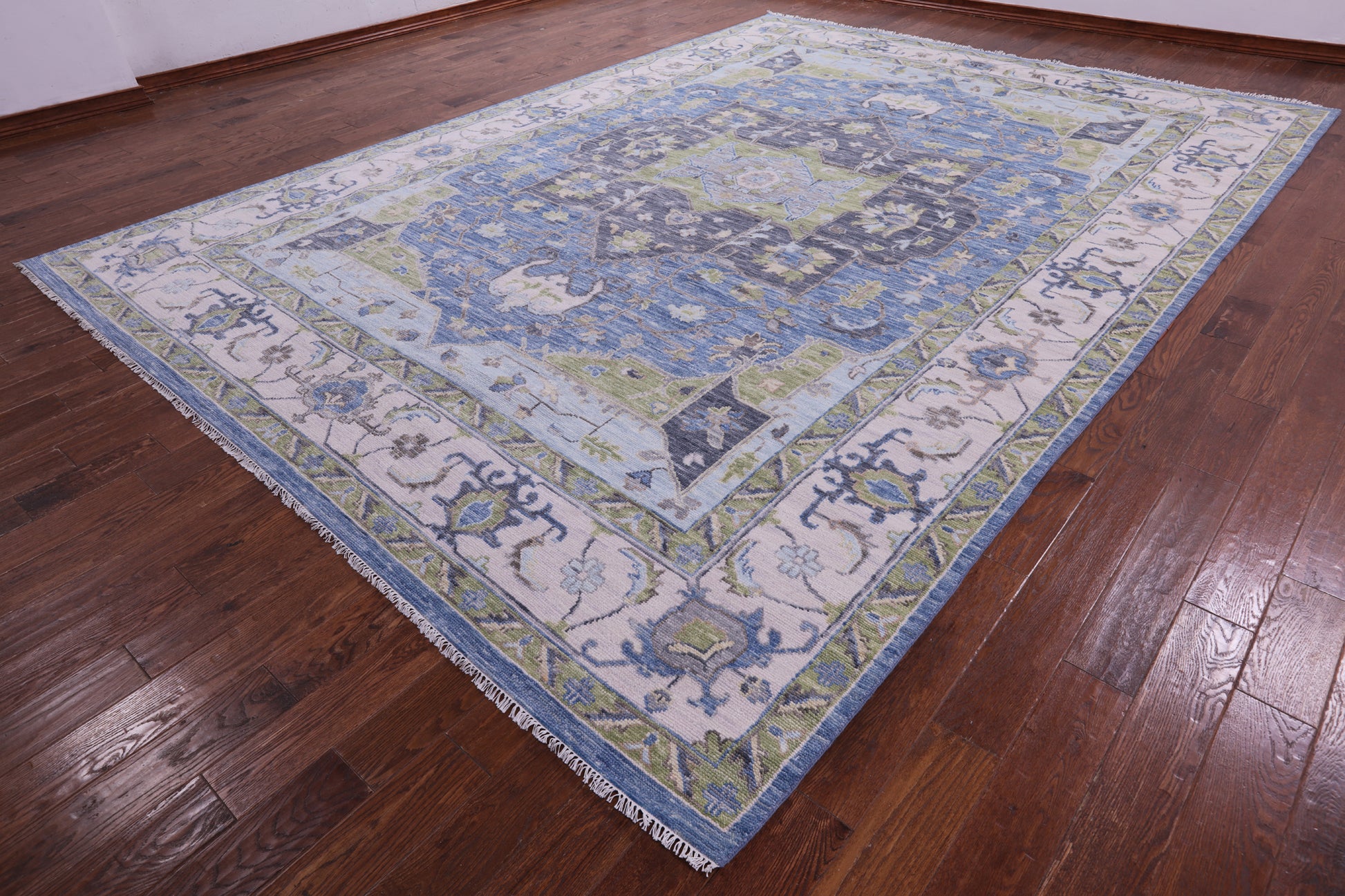Blue Geometric Heriz Serapi Hand Knotted Wool Rug - 10' 2" X 14' 1" - Golden Nile