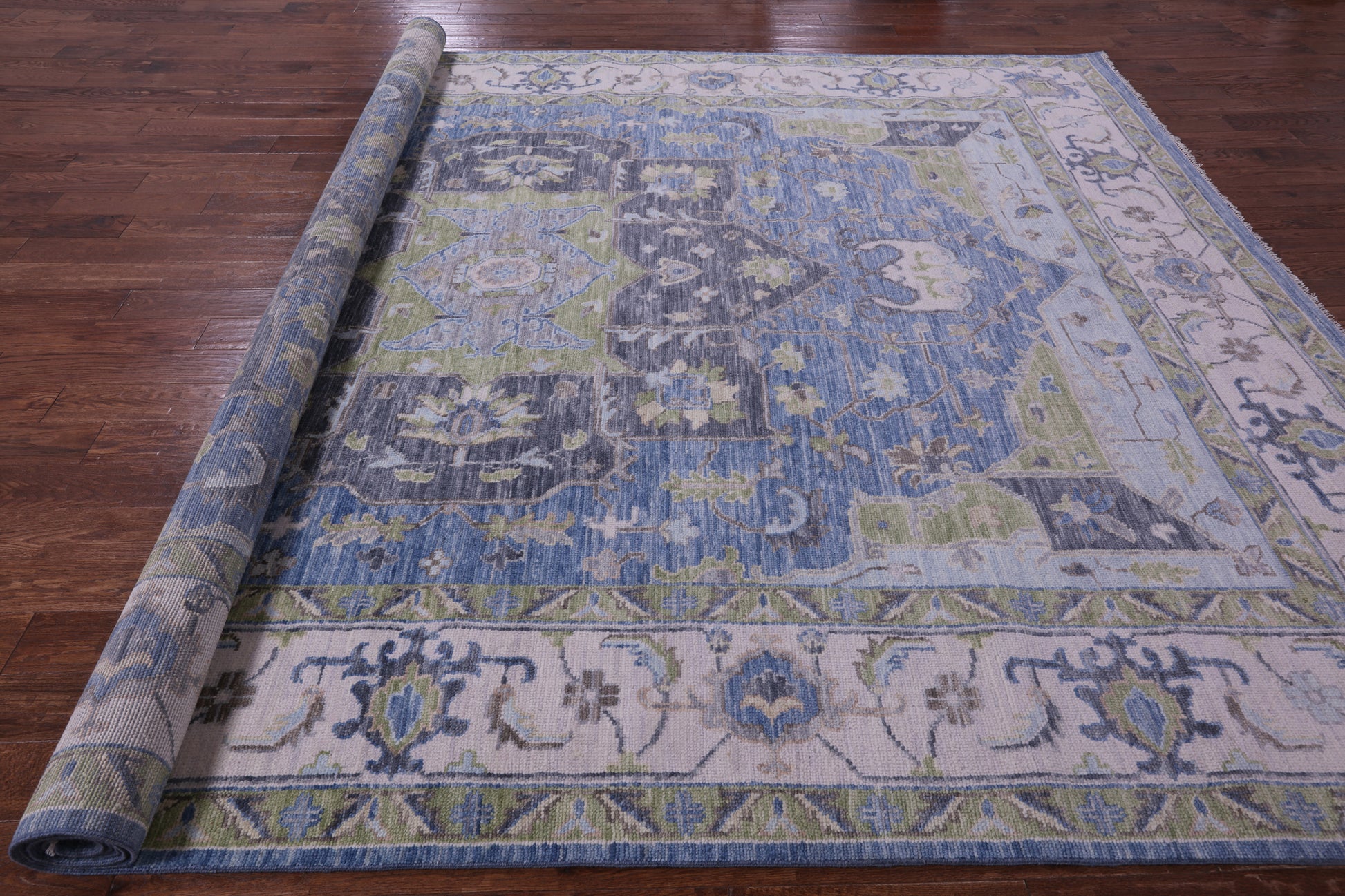 Blue Geometric Heriz Serapi Hand Knotted Wool Rug - 10' 2" X 14' 1" - Golden Nile