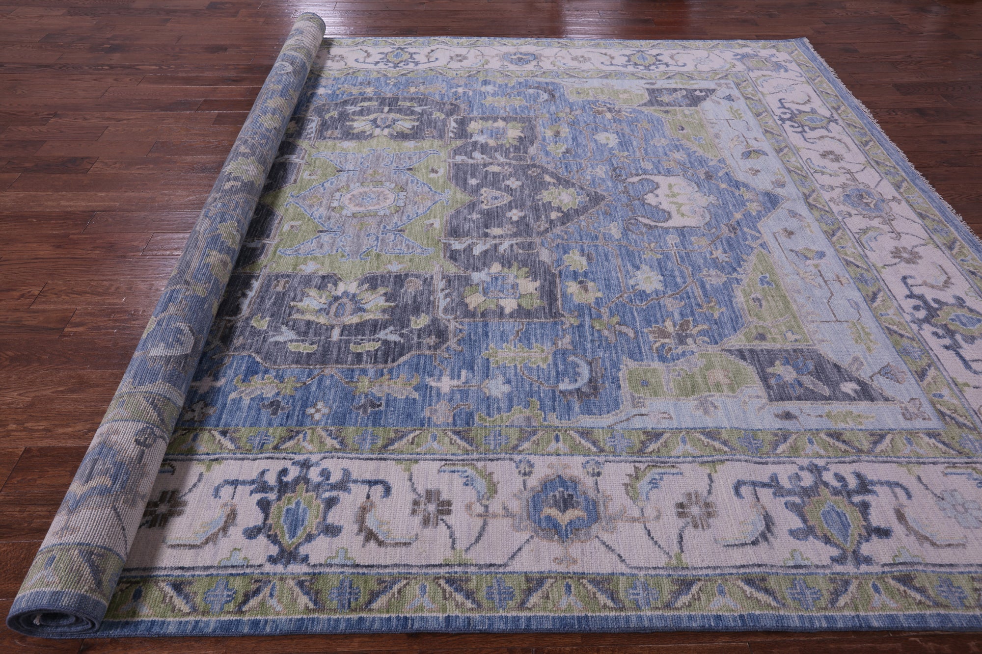 Blue Geometric Heriz Serapi Hand Knotted Wool Rug - 10' 2" X 14' 1" - Golden Nile