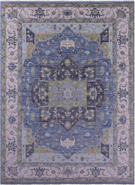 Blue Geometric Heriz Serapi Hand Knotted Wool Rug - 10' 2" X 14' 1" - Golden Nile