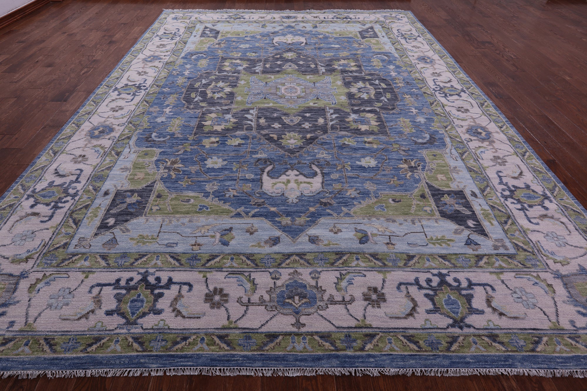 Blue Geometric Heriz Serapi Hand Knotted Wool Rug - 10' 2" X 14' 1" - Golden Nile
