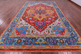 Red Geometric Persian Heriz Serapi Hand Knotted Wool Rug - 10' 0" X 14' 5" - Golden Nile