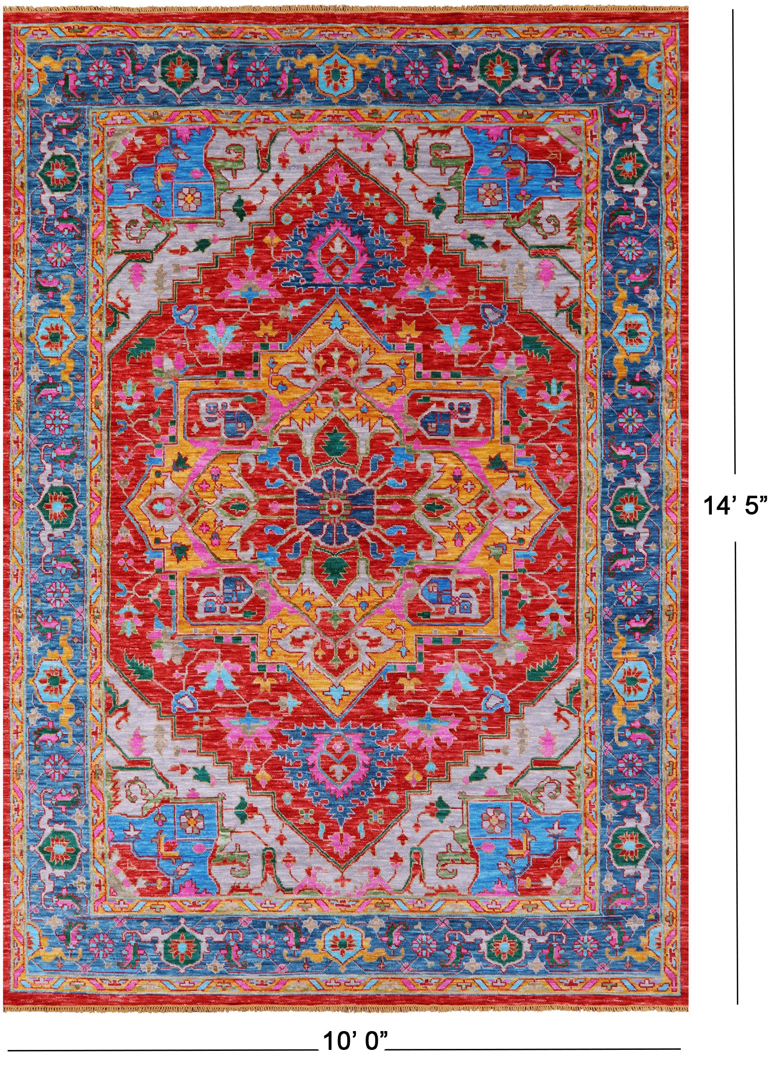Red Geometric Persian Heriz Serapi Hand Knotted Wool Rug - 10' 0" X 14' 5" - Golden Nile