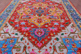 Red Geometric Persian Heriz Serapi Hand Knotted Wool Rug - 10' 0" X 14' 5" - Golden Nile