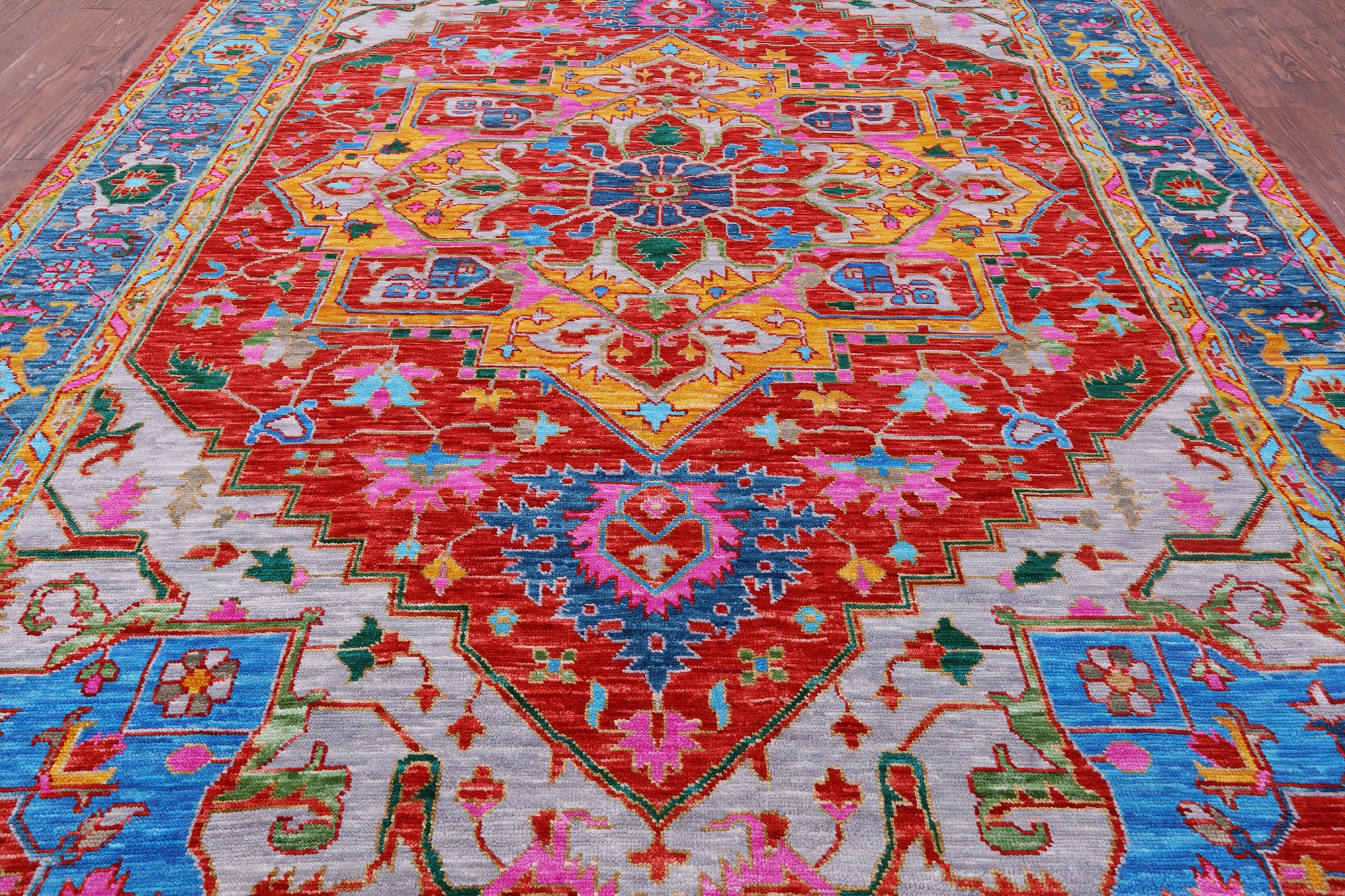 Red Geometric Persian Heriz Serapi Hand Knotted Wool Rug - 10' 0" X 14' 5" - Golden Nile