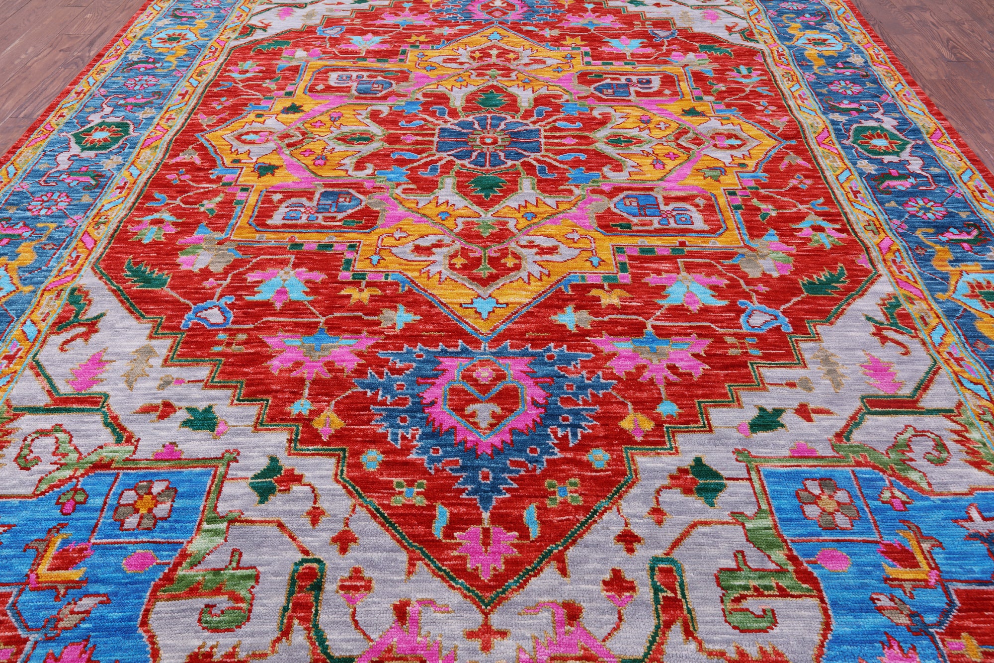 Red Geometric Persian Heriz Serapi Hand Knotted Wool Rug - 10' 0" X 14' 5" - Golden Nile
