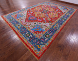 Red Geometric Persian Heriz Serapi Hand Knotted Wool Rug - 10' 0" X 14' 5" - Golden Nile