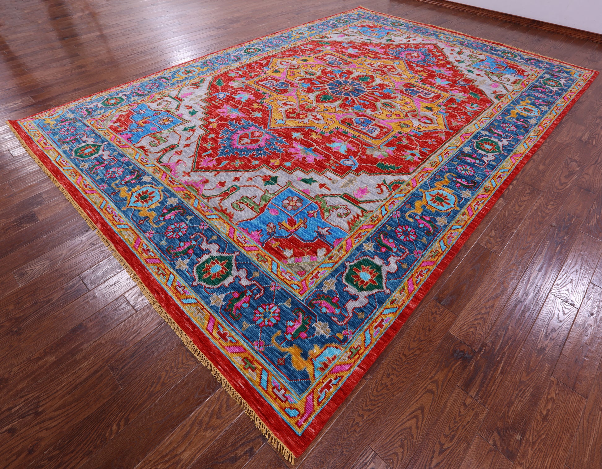 Red Geometric Persian Heriz Serapi Hand Knotted Wool Rug - 10' 0" X 14' 5" - Golden Nile