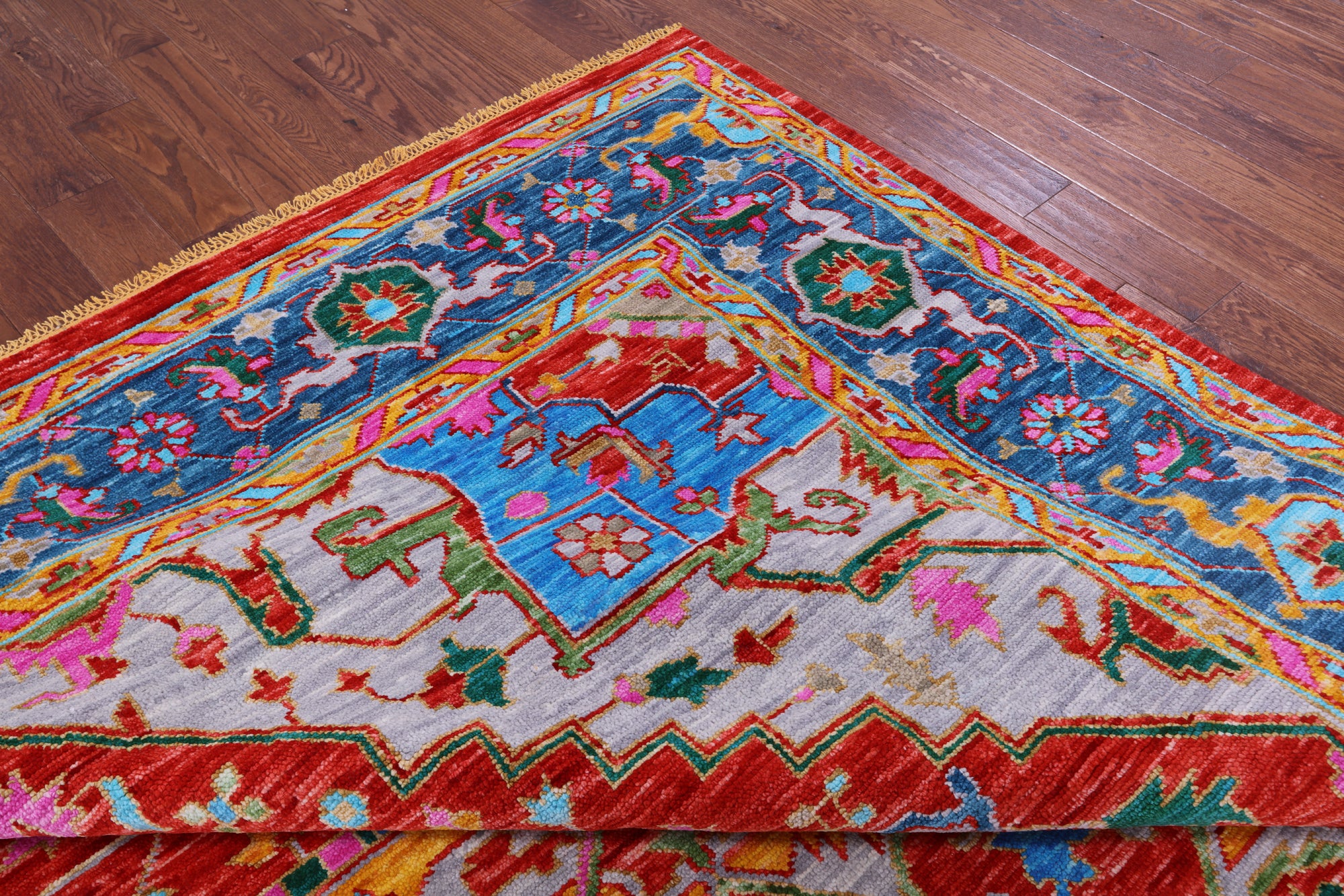 Red Geometric Persian Heriz Serapi Hand Knotted Wool Rug - 10' 0" X 14' 5" - Golden Nile